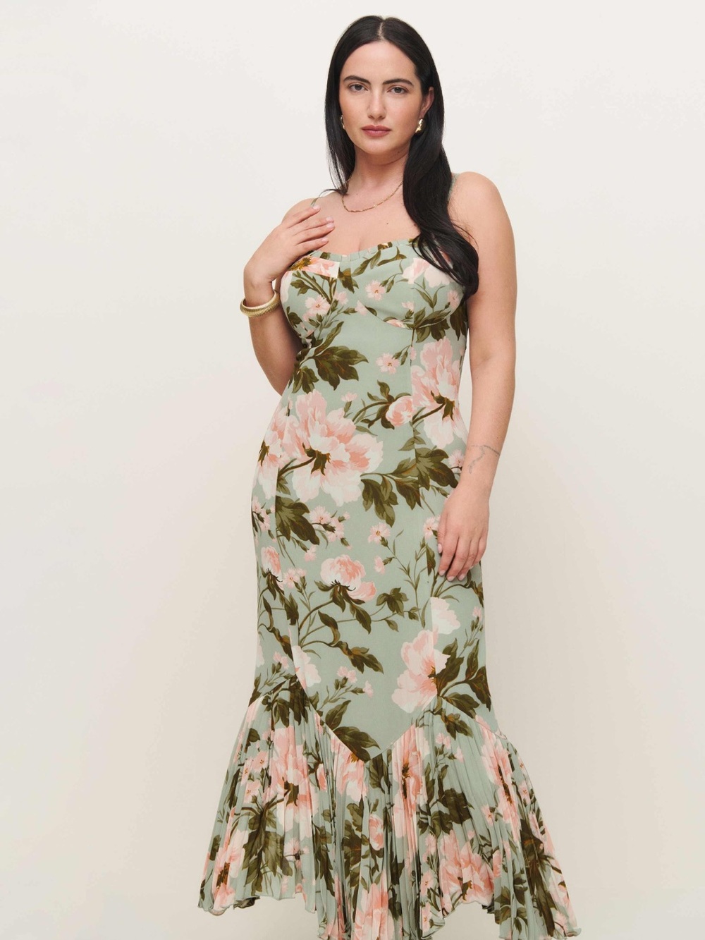 Reformation Sage Green and Pink Floral Slip Maxi Dress